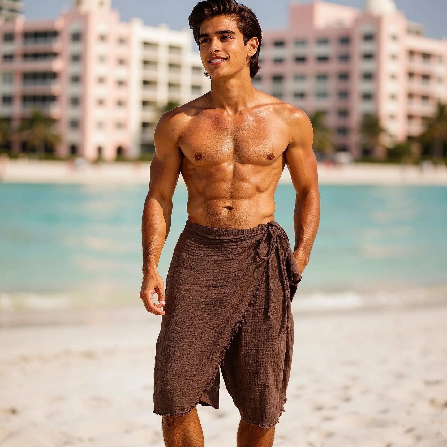 View of relaxed fit casual shorts in light gray fabric with a drawstring waist and pockets