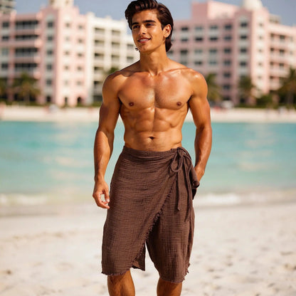 View of relaxed fit casual shorts in light gray fabric with a drawstring waist and pockets