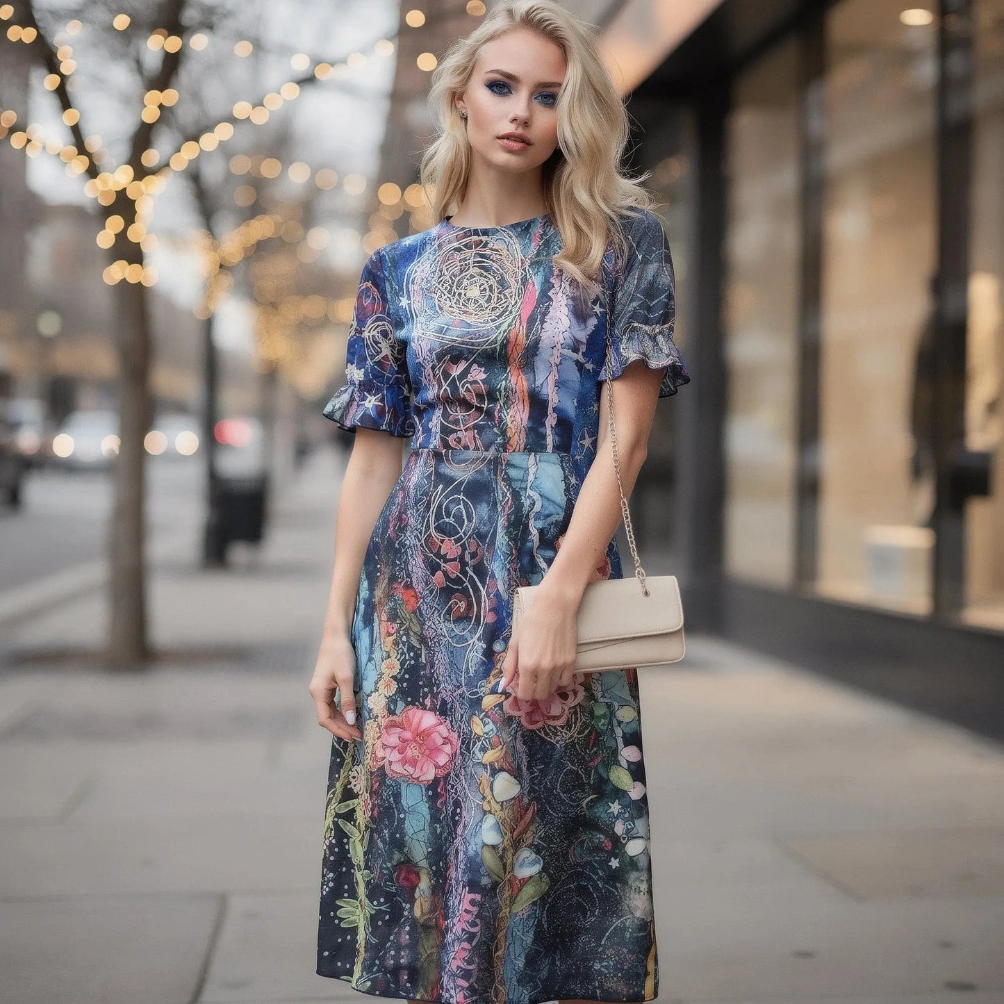 View of a light blue flowy wrap midi dress with puff sleeves and a cinched waist, showcasing soft fabric and elegant design