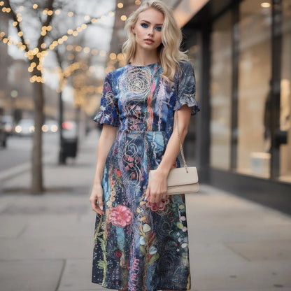 View of a light blue flowy wrap midi dress with puff sleeves and a cinched waist, showcasing soft fabric and elegant design