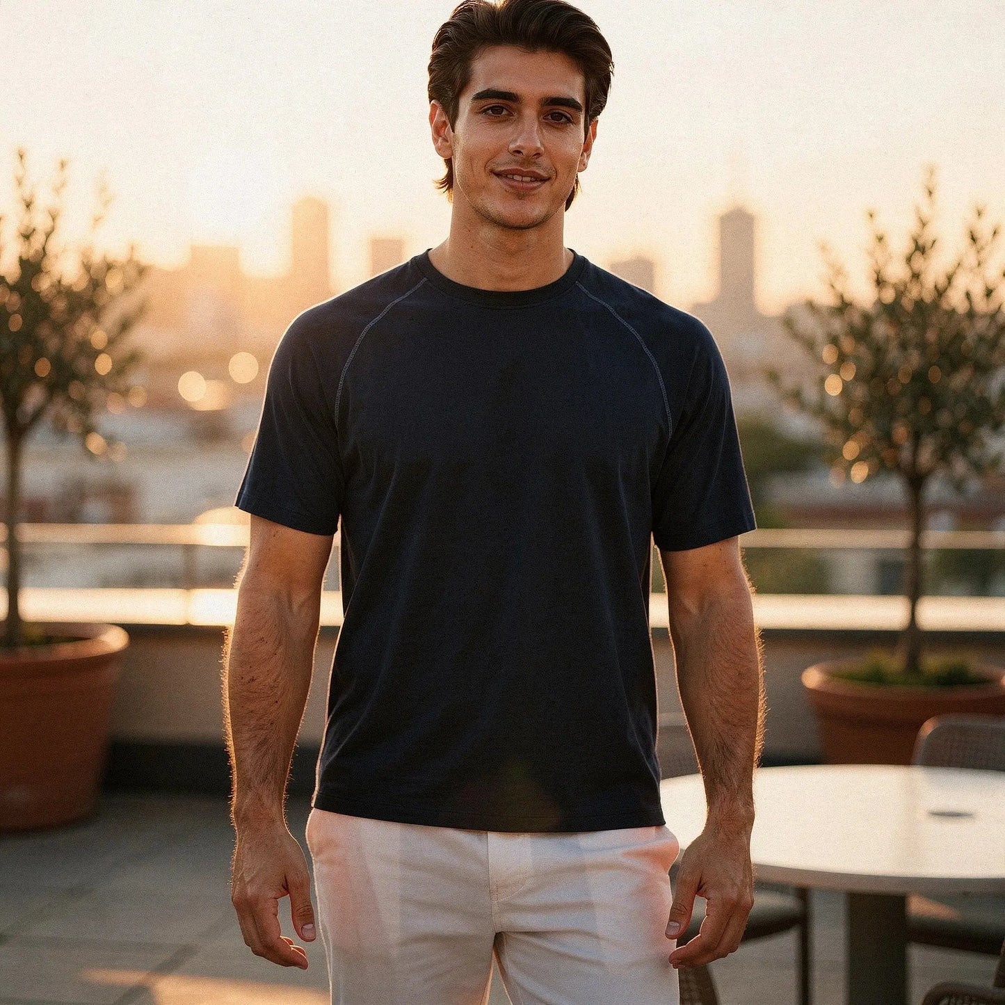 View of a slim fit crew neck short sleeve t shirt in dark gray, made