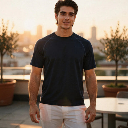View of a slim fit crew neck short sleeve t shirt in dark gray, made