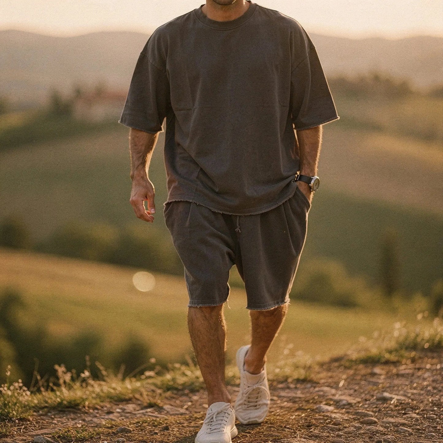 View of a relaxed fit crew neck short sleeve sports set in light gray, showcasing comfortable fabric and casual style
