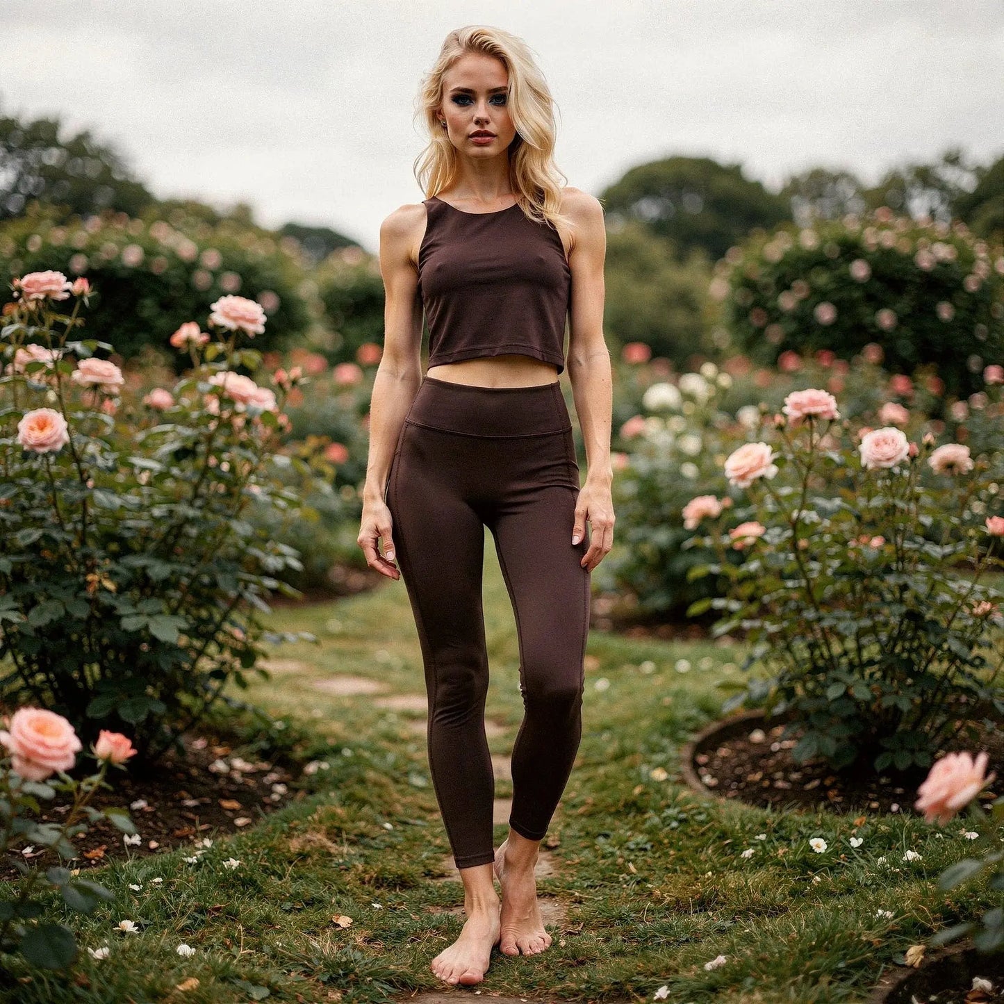 Black high waisted fitted leggings with pockets, made from stretchy fabric, view showing waistband and stitching