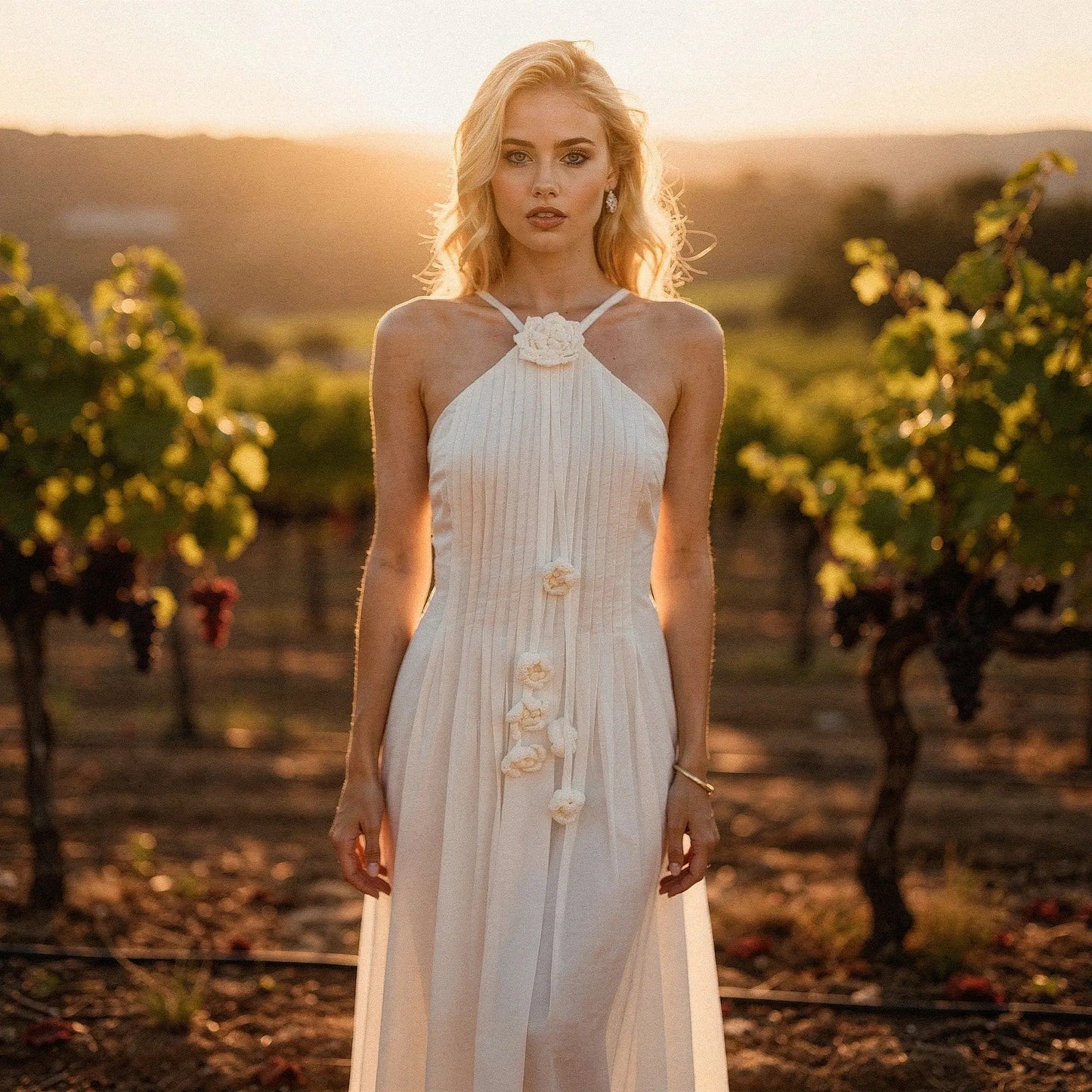 View of a relaxed fit halter maxi dress in soft fabric, featuring a floral pattern and flowing silhouette, perfect for summer events
