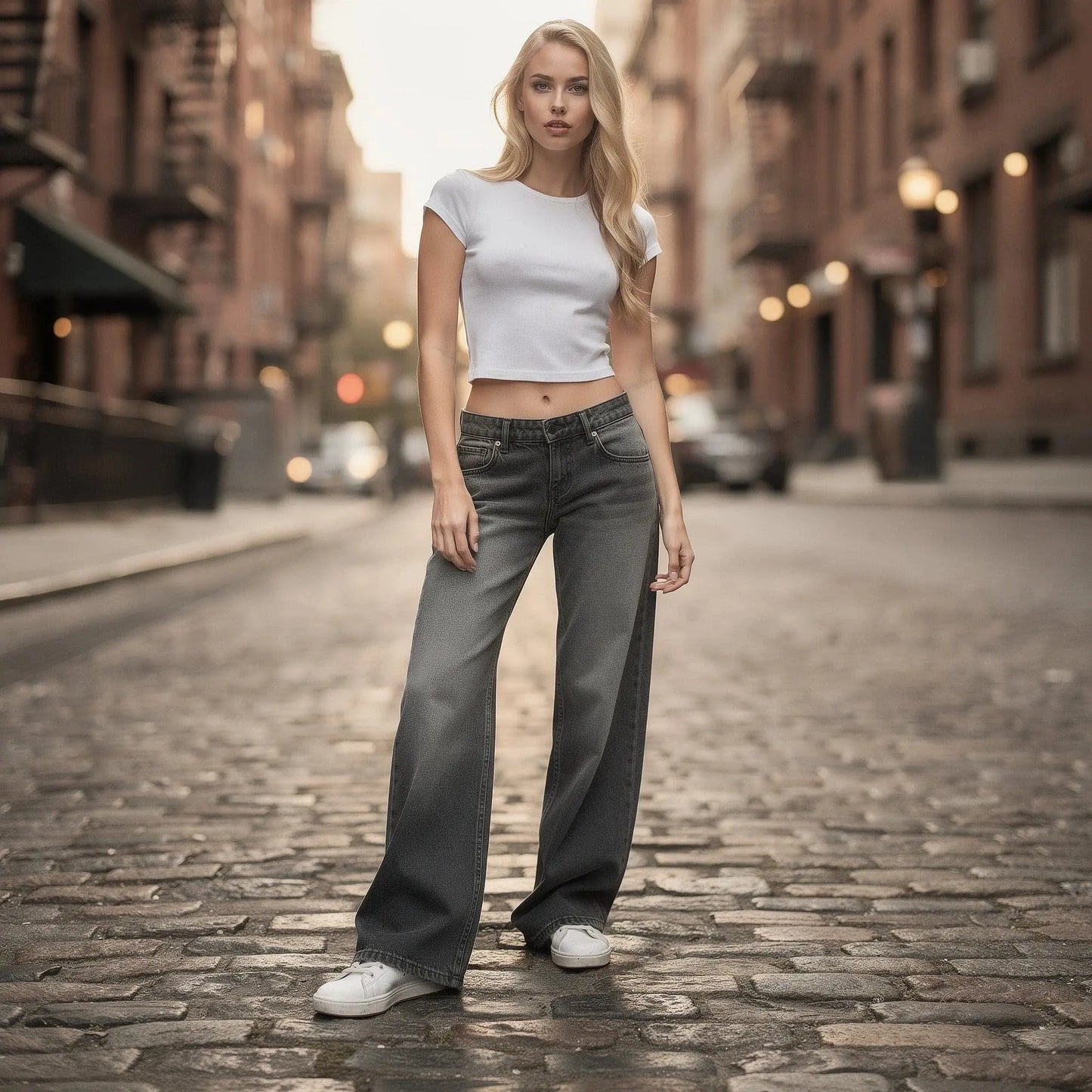 View of relaxed fit high waist vintage casual baggy jeans in light blue denim, featuring a loose silhouette and classic five pocket design