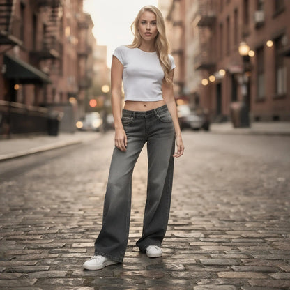 View of relaxed fit high waist vintage casual baggy jeans in light blue denim, featuring a loose silhouette and classic five pocket design