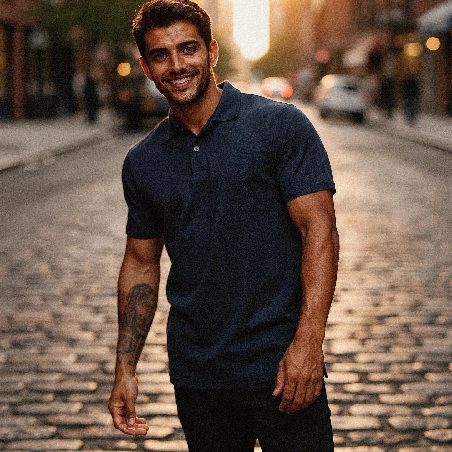 View of a navy blue slim fit short sleeve polo shirt featuring a V neck and soft cotton material