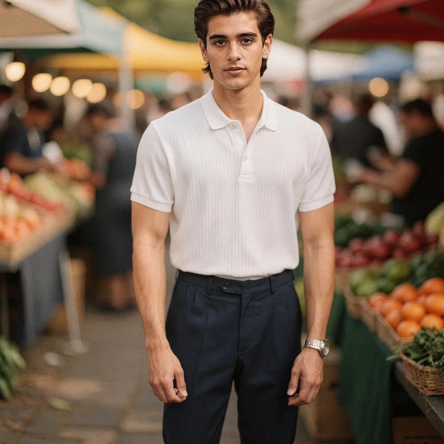 Light blue slim fit short sleeve polo t shirt made of breathable cotton, view showcasing collar and stitching
