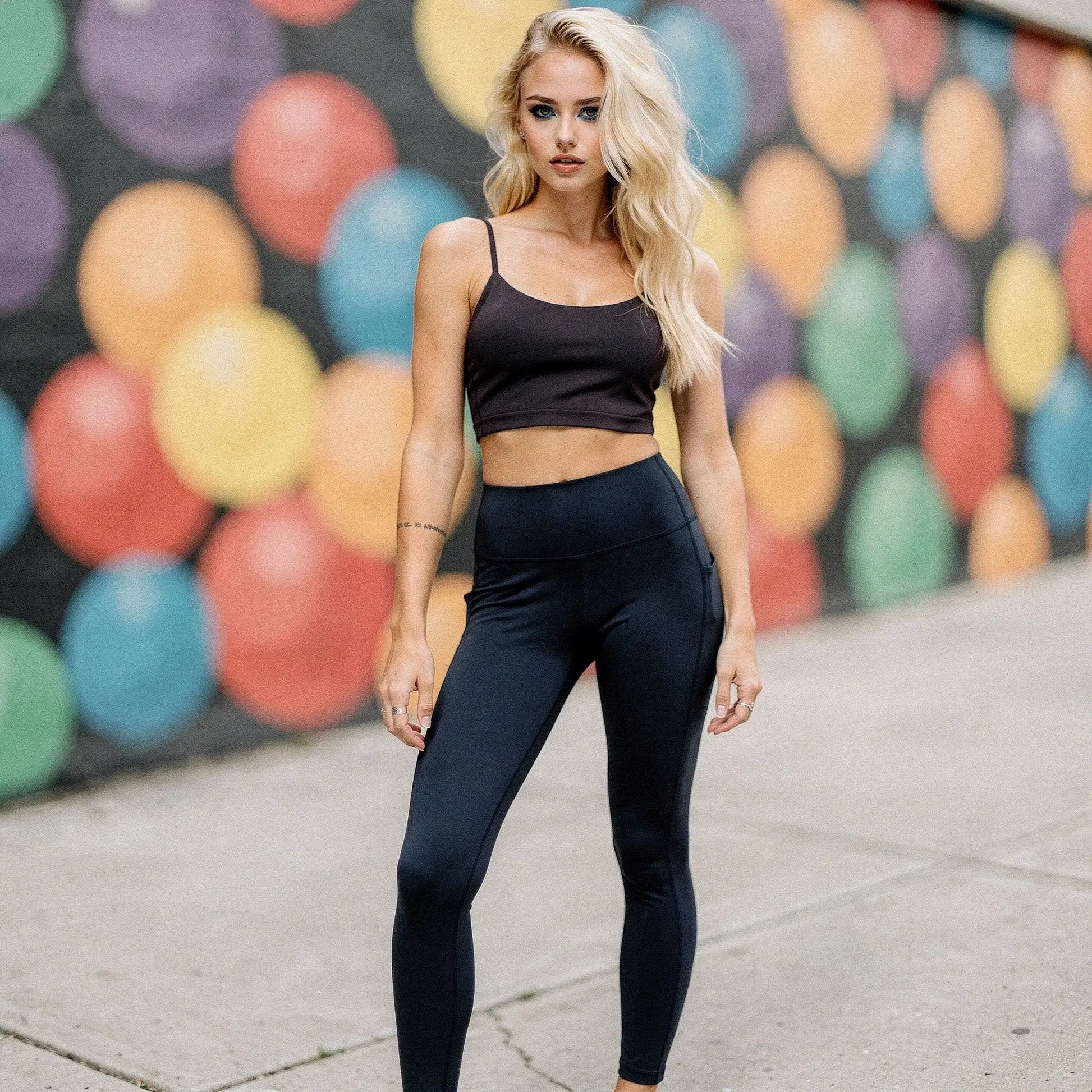 Black high waisted fitted 78 leggings with pockets, view showcasing stretchy fabric and sleek design