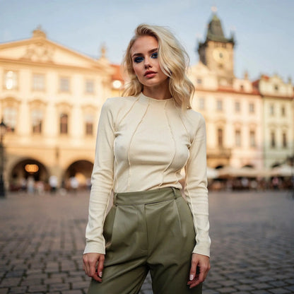 Light gray long sleeve casual top made of soft cotton blend, featuring a relaxed fit and round neckline, view