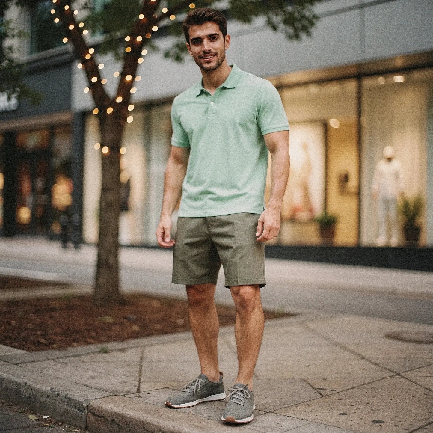 View of a slim fit short sleeve v neck polo shirt in light gray, featuring a soft cotton blend fabric and neat stitching