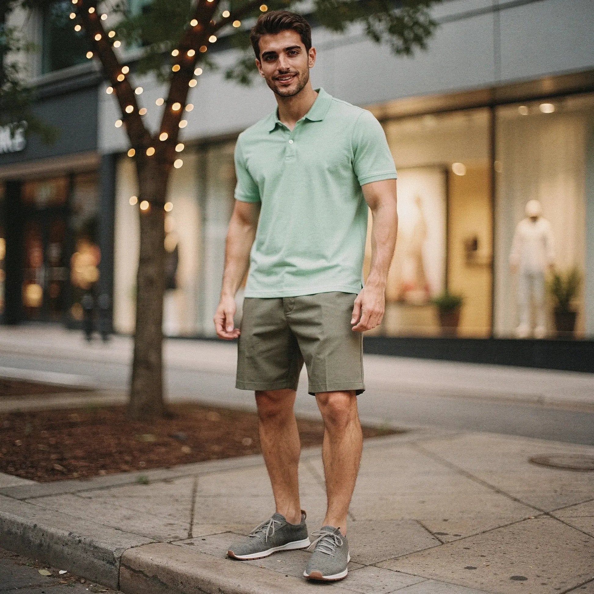 View of a slim fit short sleeve v neck polo shirt in light gray, featuring a soft cotton blend fabric and neat stitching