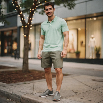 View of a slim fit short sleeve v neck polo shirt in light gray, featuring a soft cotton blend fabric and neat stitching