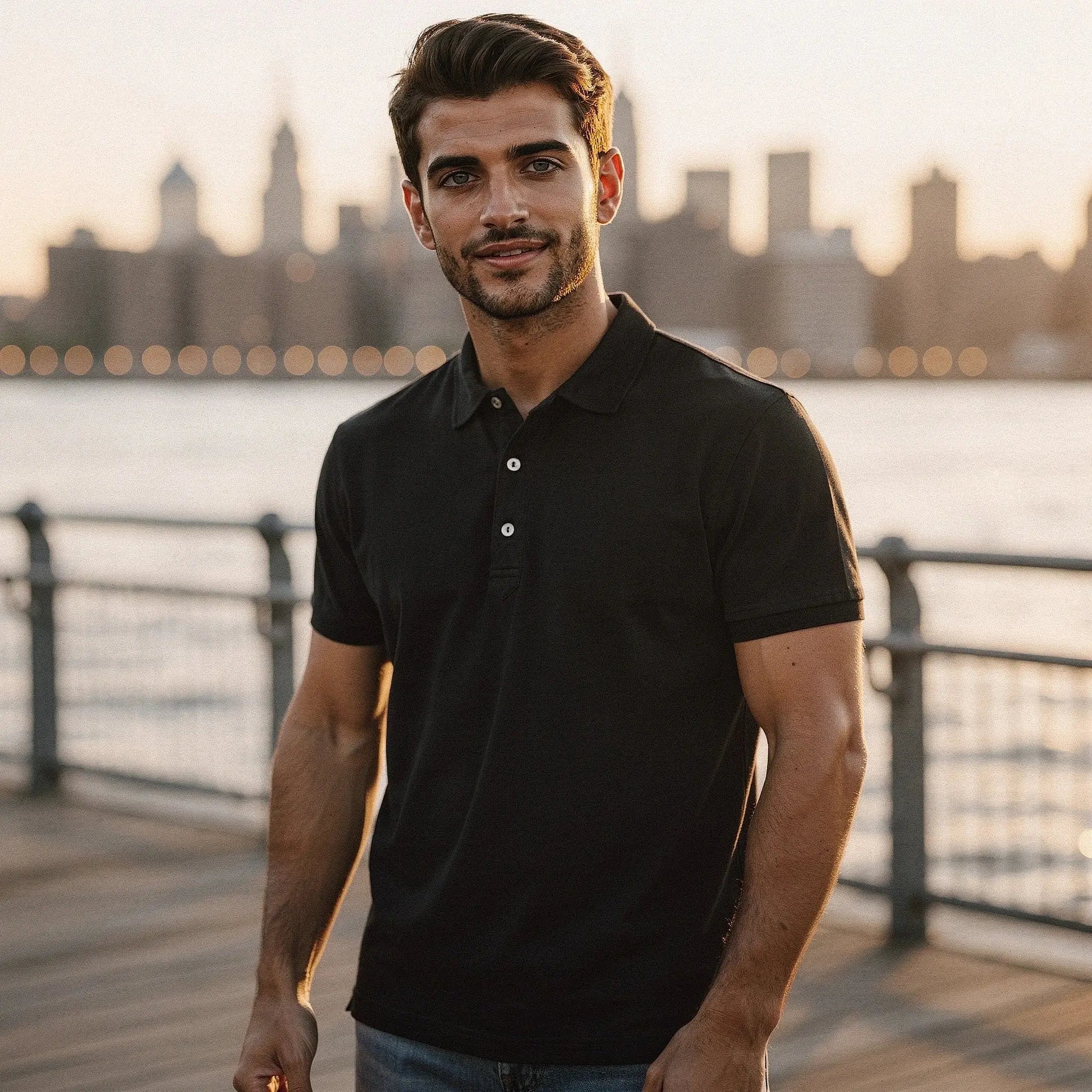 View of a slim fit short sleeve polo shirt in light gray, featuring a V neck and soft cotton material