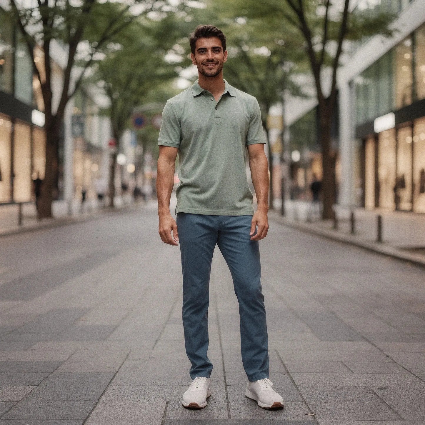 View of a light blue slim fit short sleeve polo shirt featuring a V neck and soft cotton material