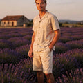 View of a relaxed fit short sleeve camp collar shirt in light blue, featuring a soft fabric and casual style