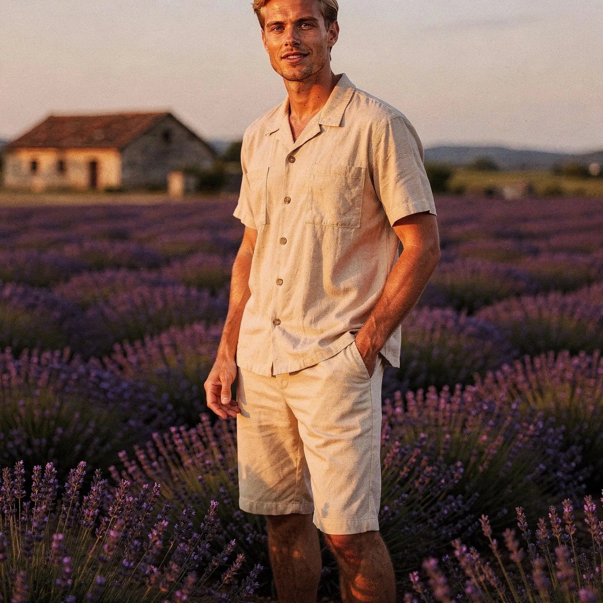 View of a relaxed fit short sleeve camp collar shirt in light blue, featuring a soft fabric and casual style