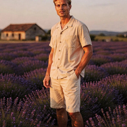 View of a relaxed fit short sleeve camp collar shirt in light blue, featuring a soft fabric and casual style