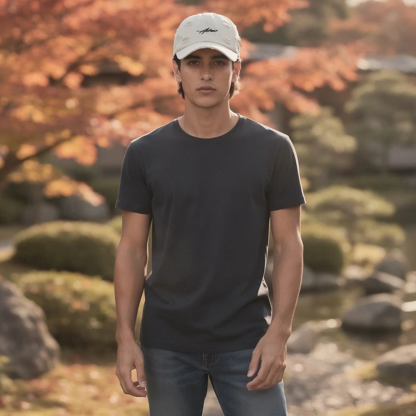 View of a relaxed fit crew neck long sleeve casual t shirt in soft cotton, featuring a classic navy blue color