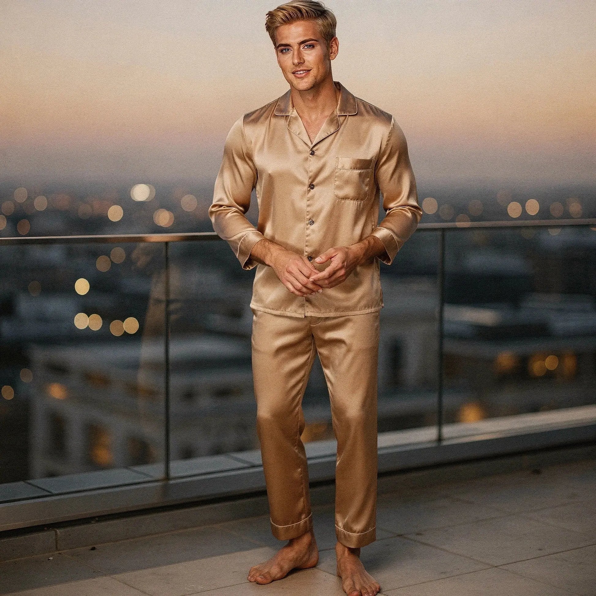View of a pure silk pajama set in deep navy, featuring a relaxed fit, long sleeves, and a notch collar
