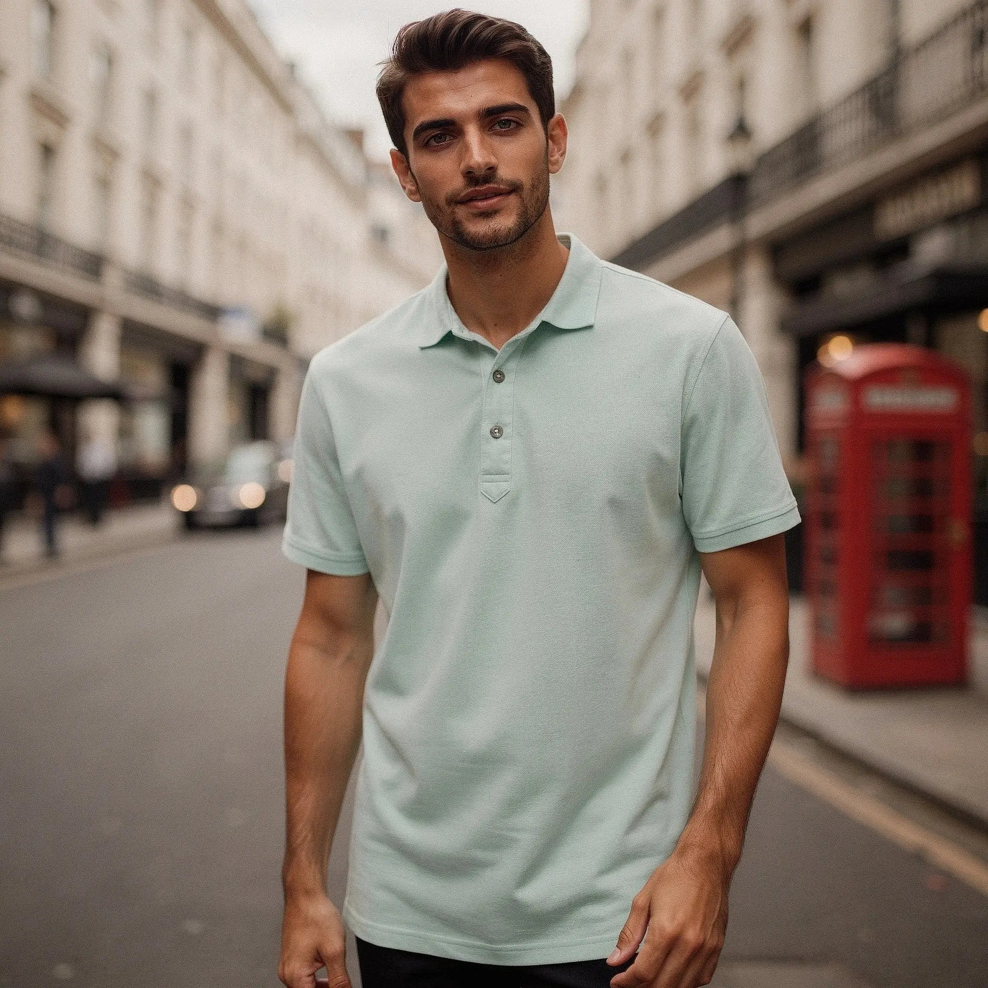 View of a navy blue slim fit short sleeve polo shirt with a V neck and soft cotton fabric