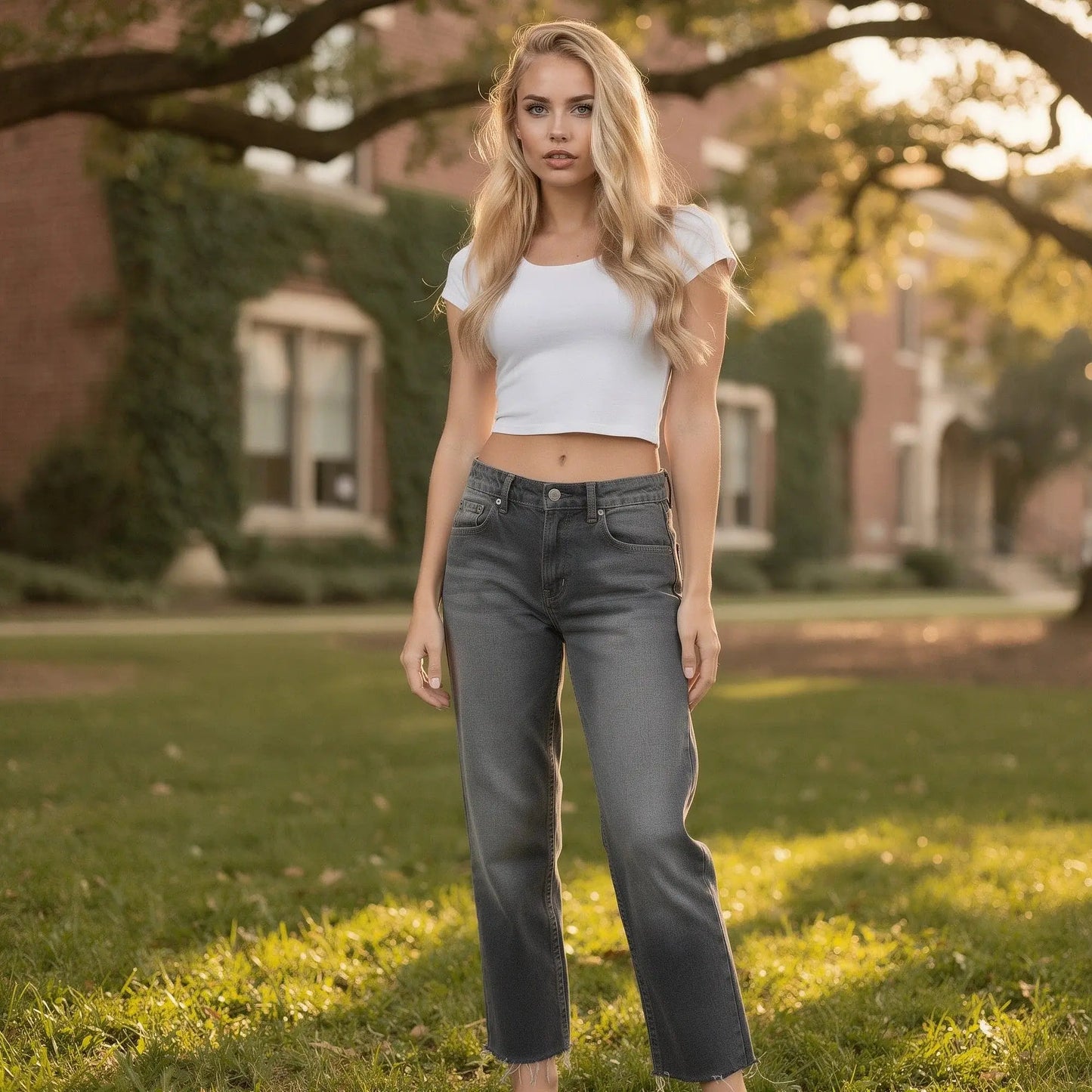 View of high waist vintage casual baggy jeans in light blue denim, featuring a relaxed fit and slightly distressed details