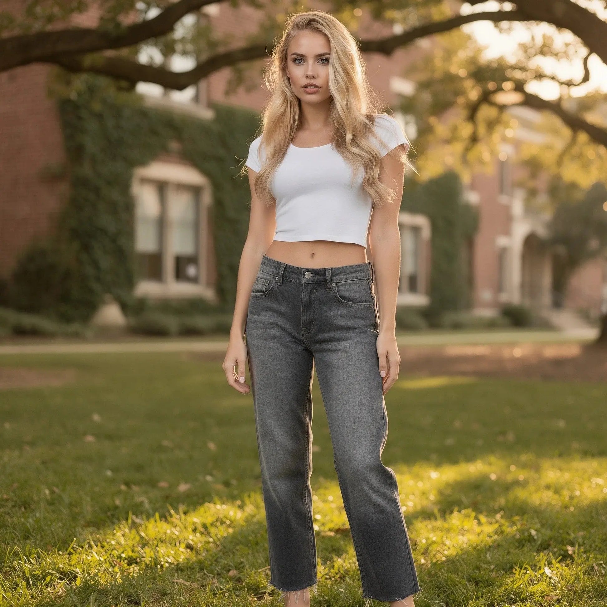 View of high waist vintage casual baggy jeans in light blue denim, featuring a relaxed fit and slightly distressed details