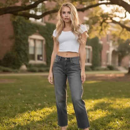 View of high waist vintage casual baggy jeans in light blue denim, featuring a relaxed fit and slightly distressed details