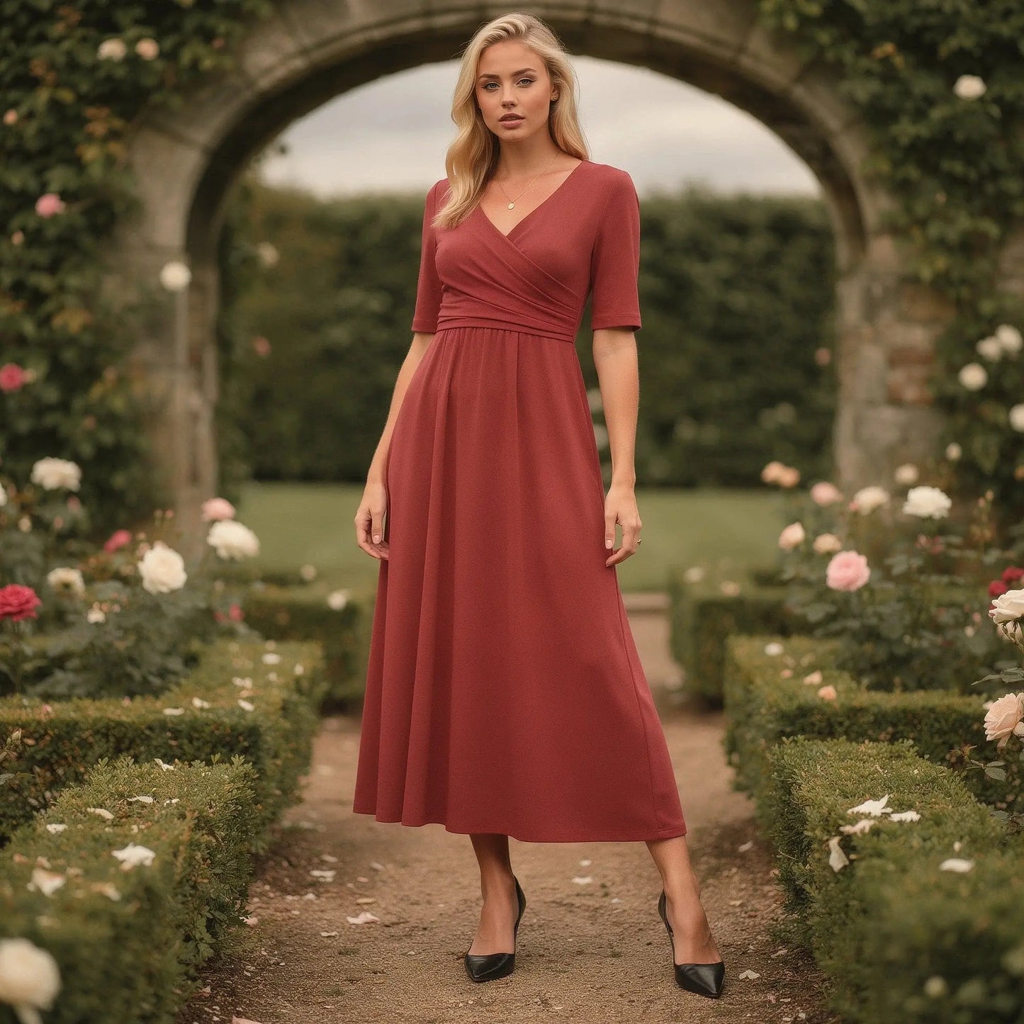 Elegant black midi dress featuring a slim fit, V neckline, and delicate fabric, showcasing intricate detailing in a view