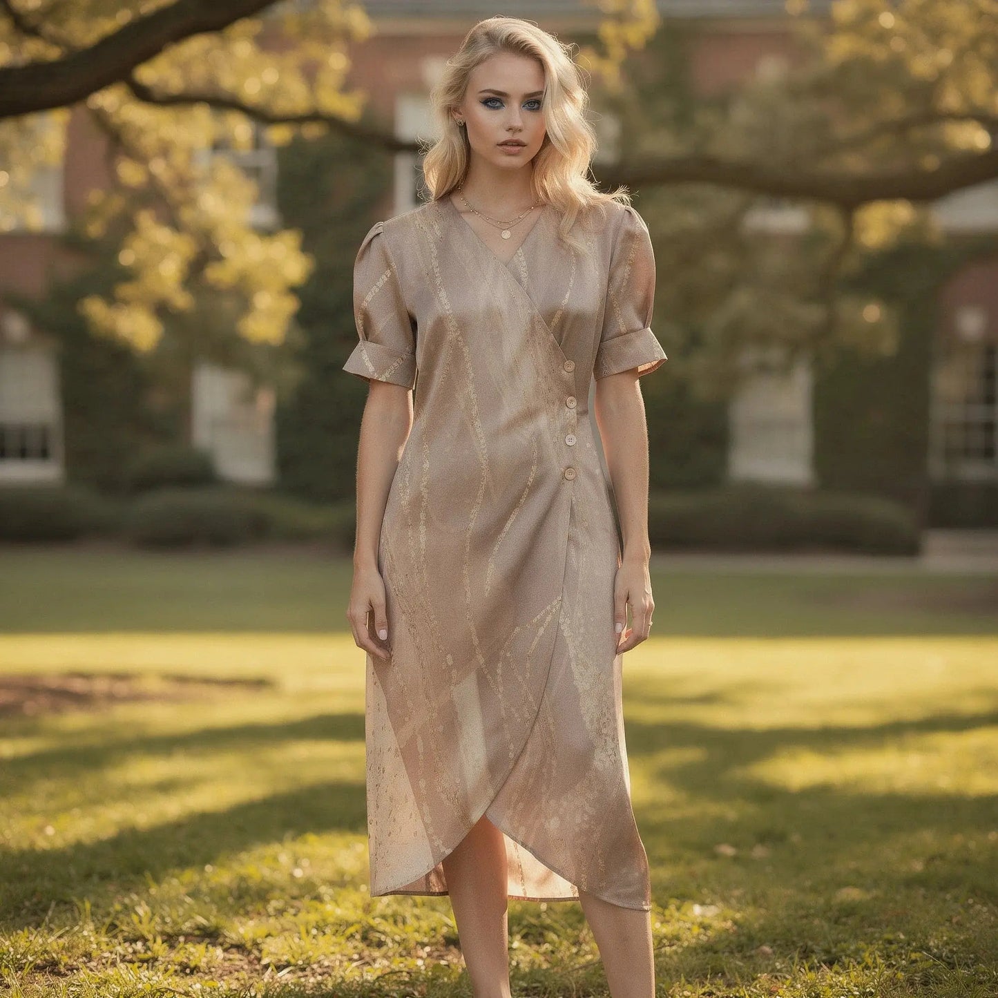 View of a light pink midi summer dress featuring flowy wrap design and puff sleeves, showcasing soft fabric texture