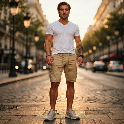 View of relaxed fit baggy cargo shorts in light beige, featuring a drawstring waist and multiple pockets