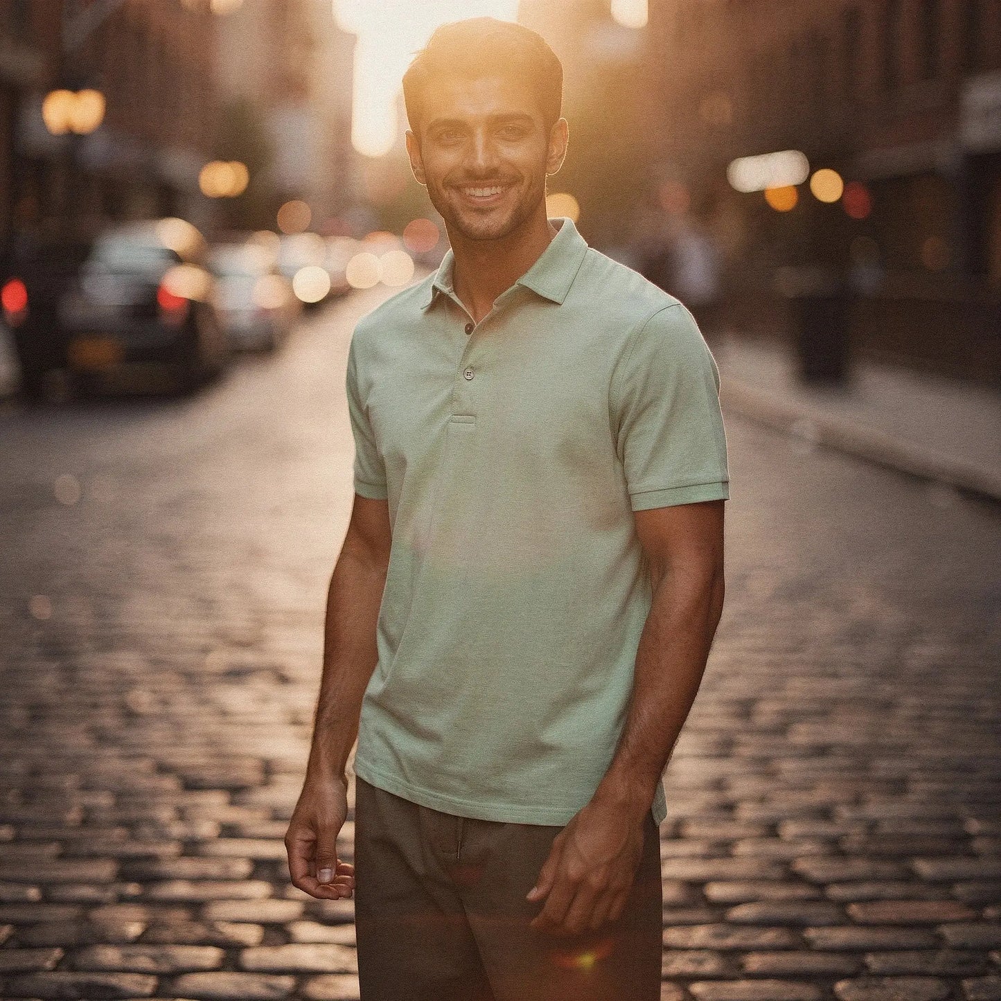 View of a navy blue slim fit short sleeve polo shirt featuring a V neck and soft cotton material
