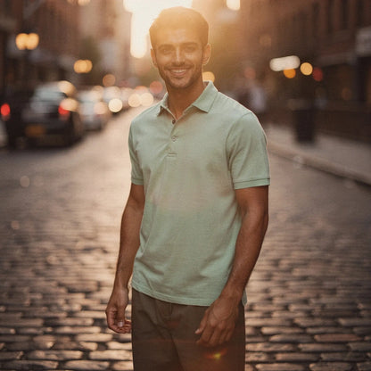 View of a navy blue slim fit short sleeve polo shirt featuring a V neck and soft cotton material