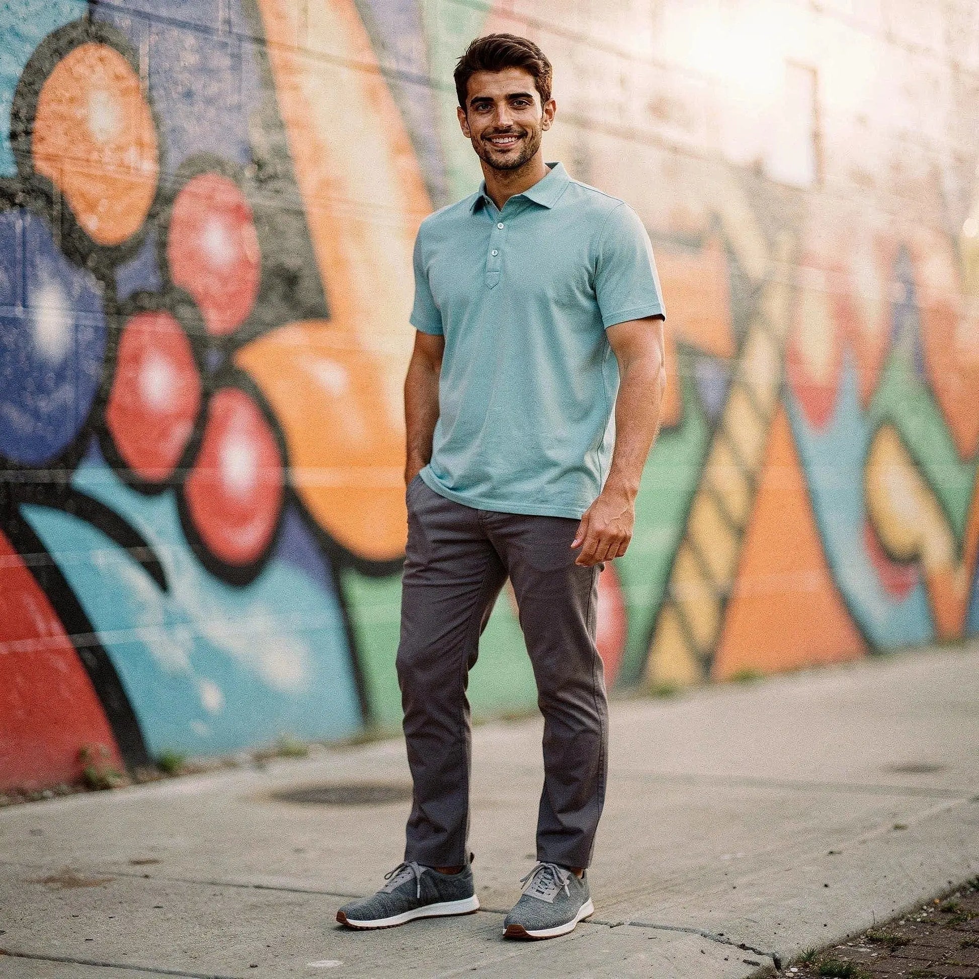 Light gray slim fit short sleeve polo shirt with a V neck and soft cotton material, view showcasing stitching and collar