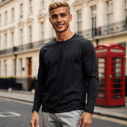 View of a slim fit long sleeve crew neck casual t shirt in light gray, showcasing soft cotton fabric and neat stitching