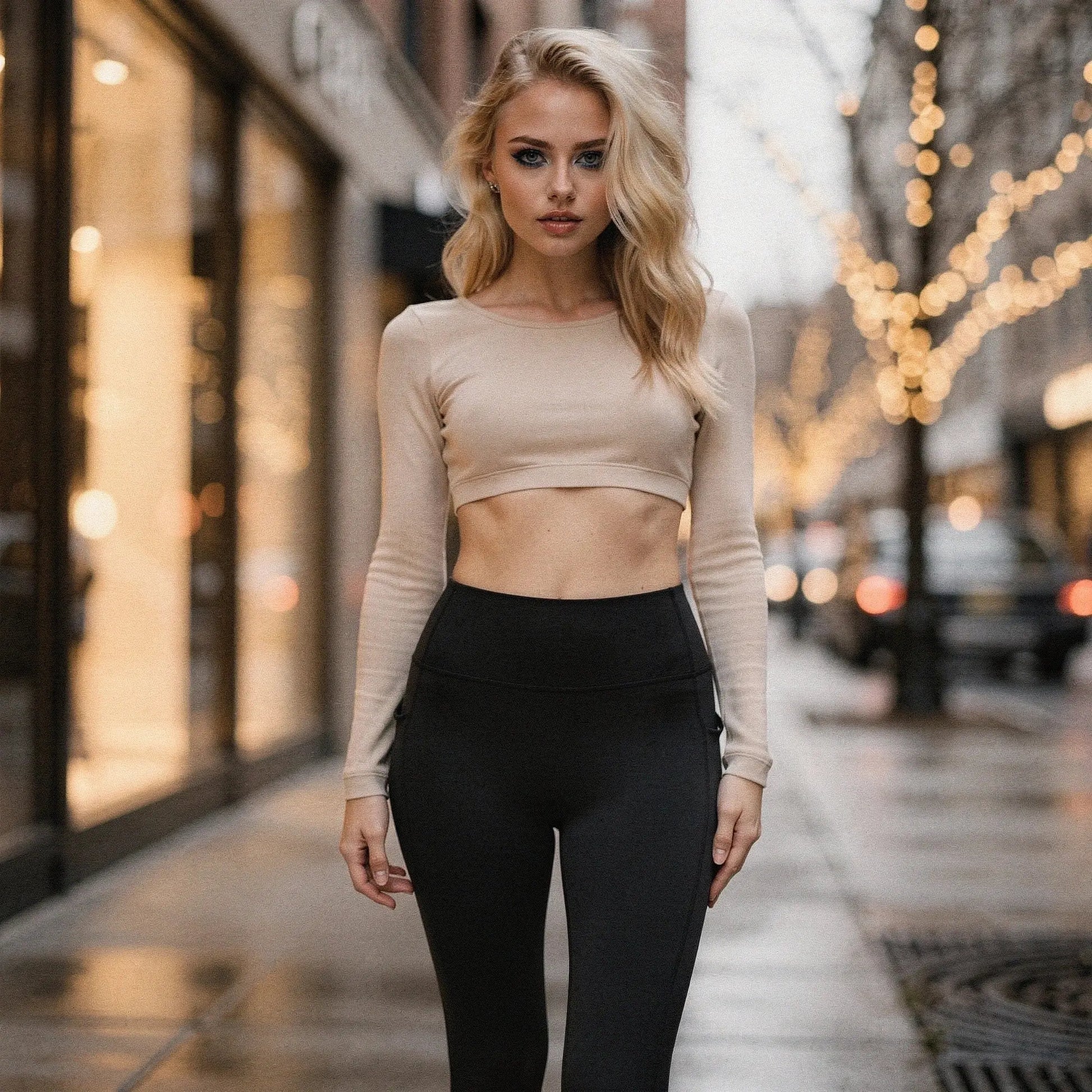 High waisted fitted 78 leggings in dark gray, made of stretchy material, featuring pockets for convenience