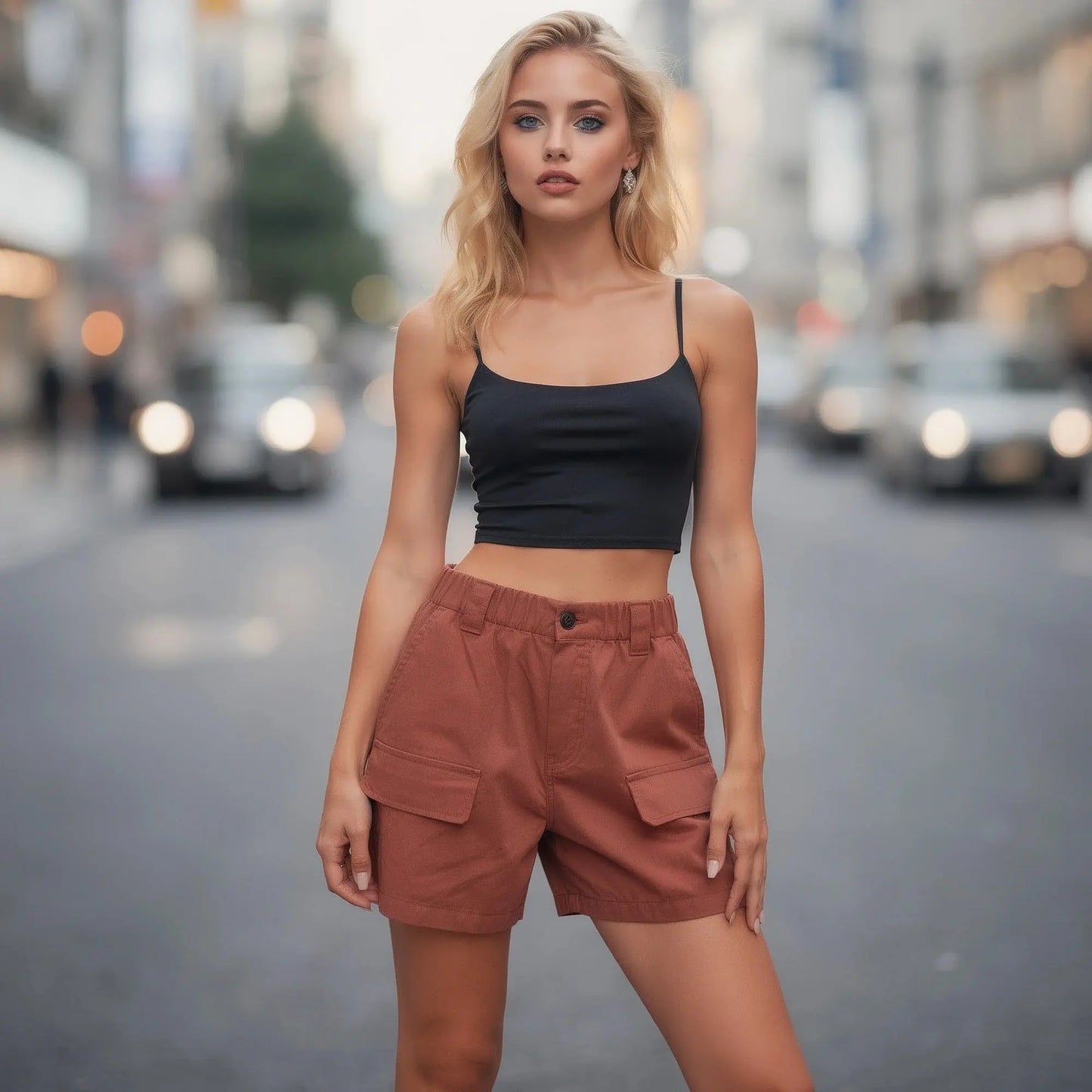 View of relaxed fit cargo mini shorts in light khaki, featuring multiple pockets and a soft cotton blend fabric