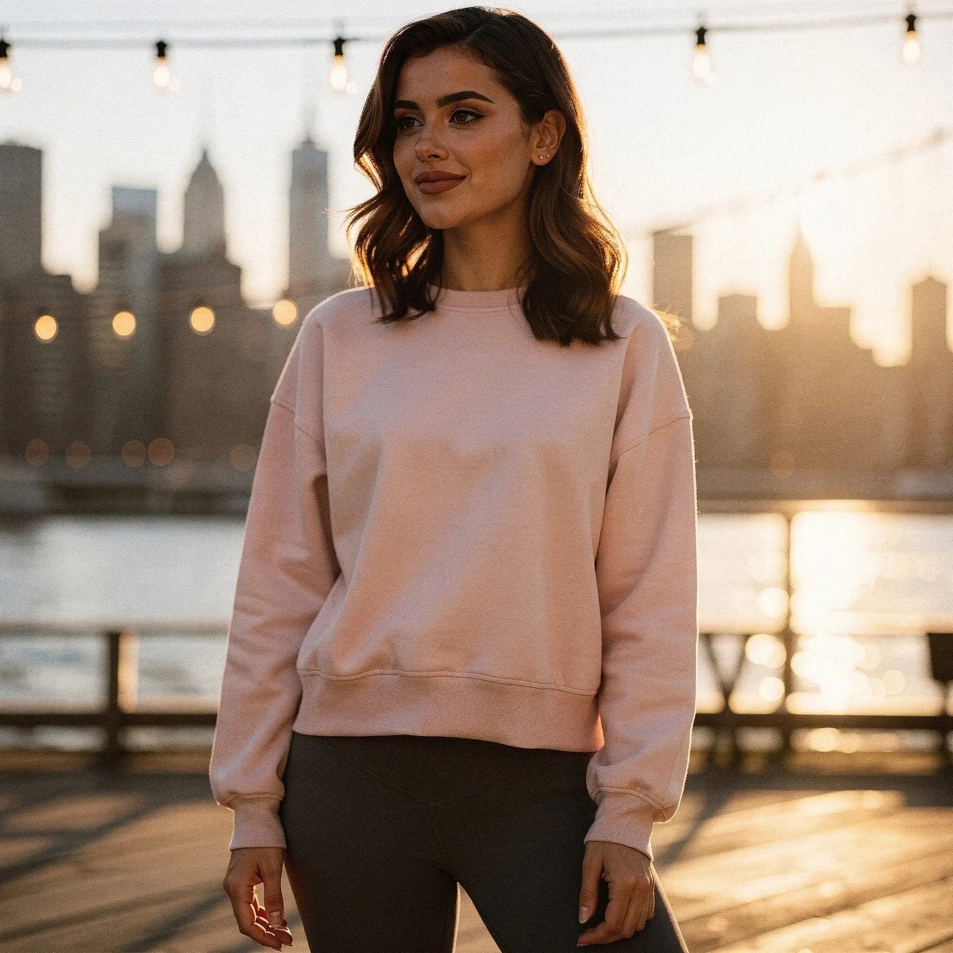 Light gray relaxed fit crew neck sweatshirt with long sleeves and ribbed cuffs, view showcasing fabric texture