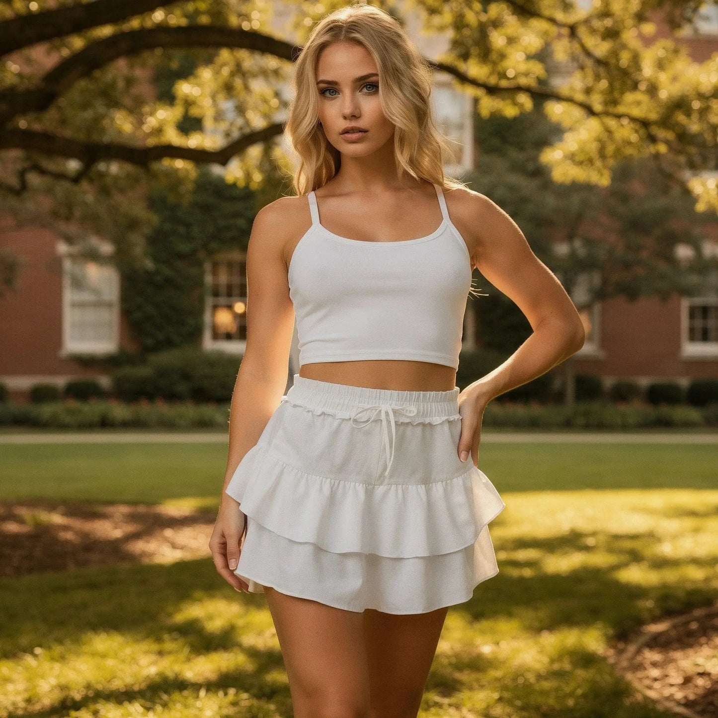 View of a relaxed fit mini ruffle skirt in light blue, featuring built in anti exposure shorts and a soft, breathable fabric
