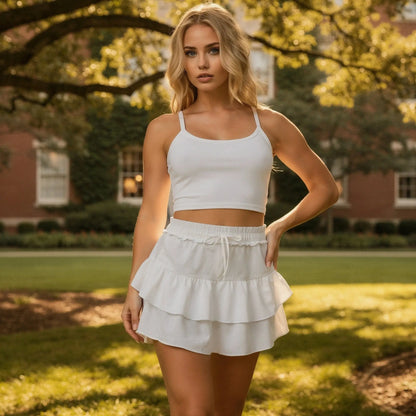 View of a relaxed fit mini ruffle skirt in light blue, featuring built in anti exposure shorts and a soft, breathable fabric