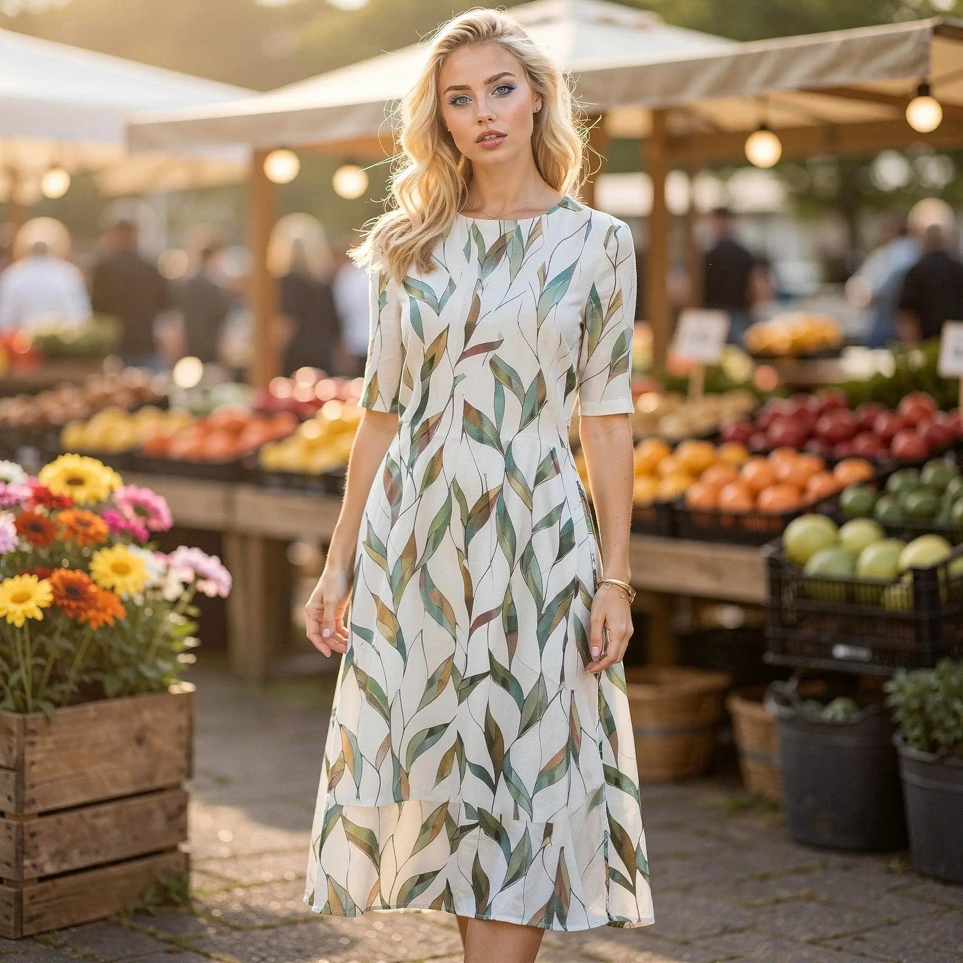View of a relaxed fit A line midi dress in soft cotton, featuring a flattering silhouette and subtle movement