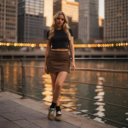 View of a relaxed fit A line casual skirt in light gray, featuring pockets and an above the knee length
