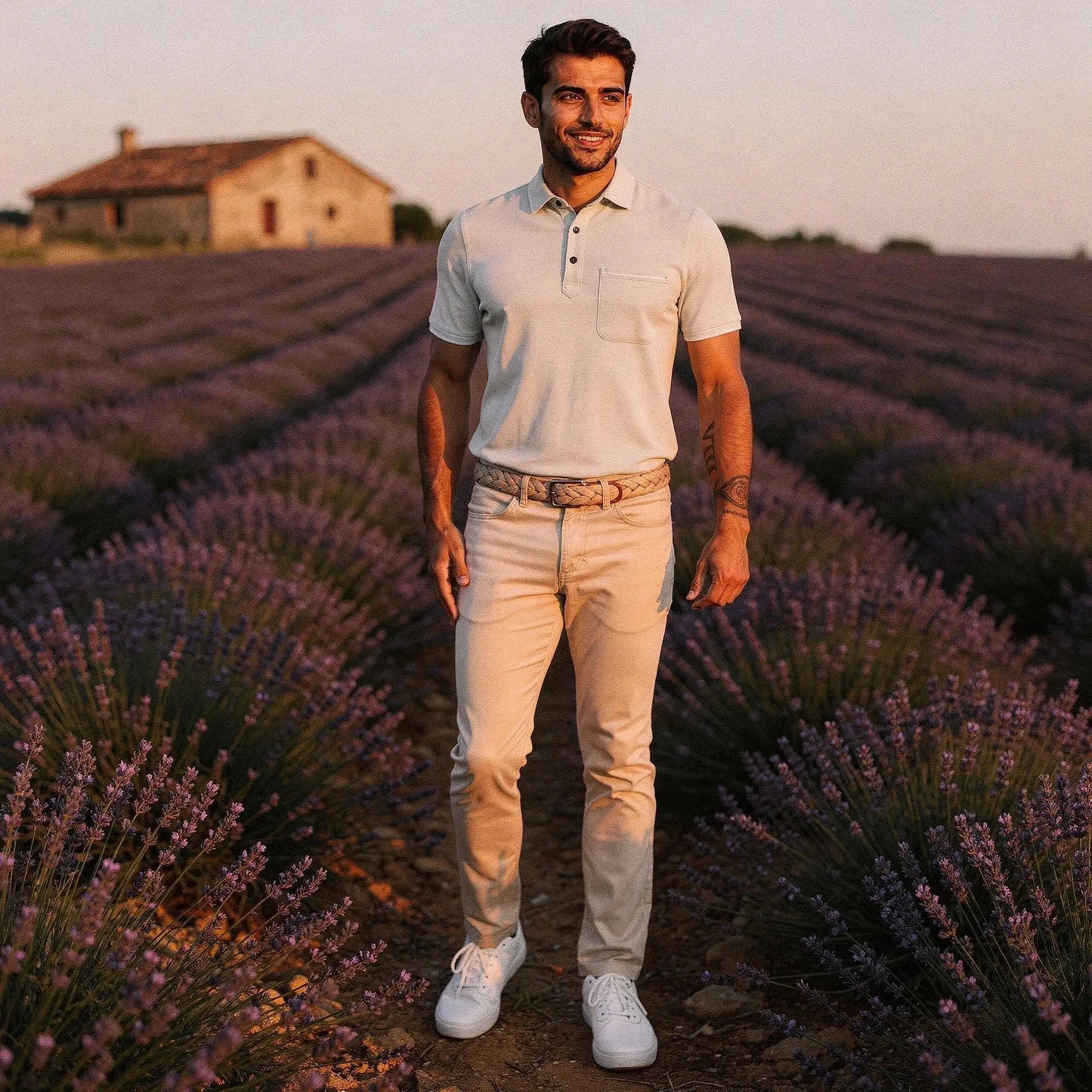 View of a navy blue slim fit short sleeve polo shirt featuring a V neck and soft cotton material