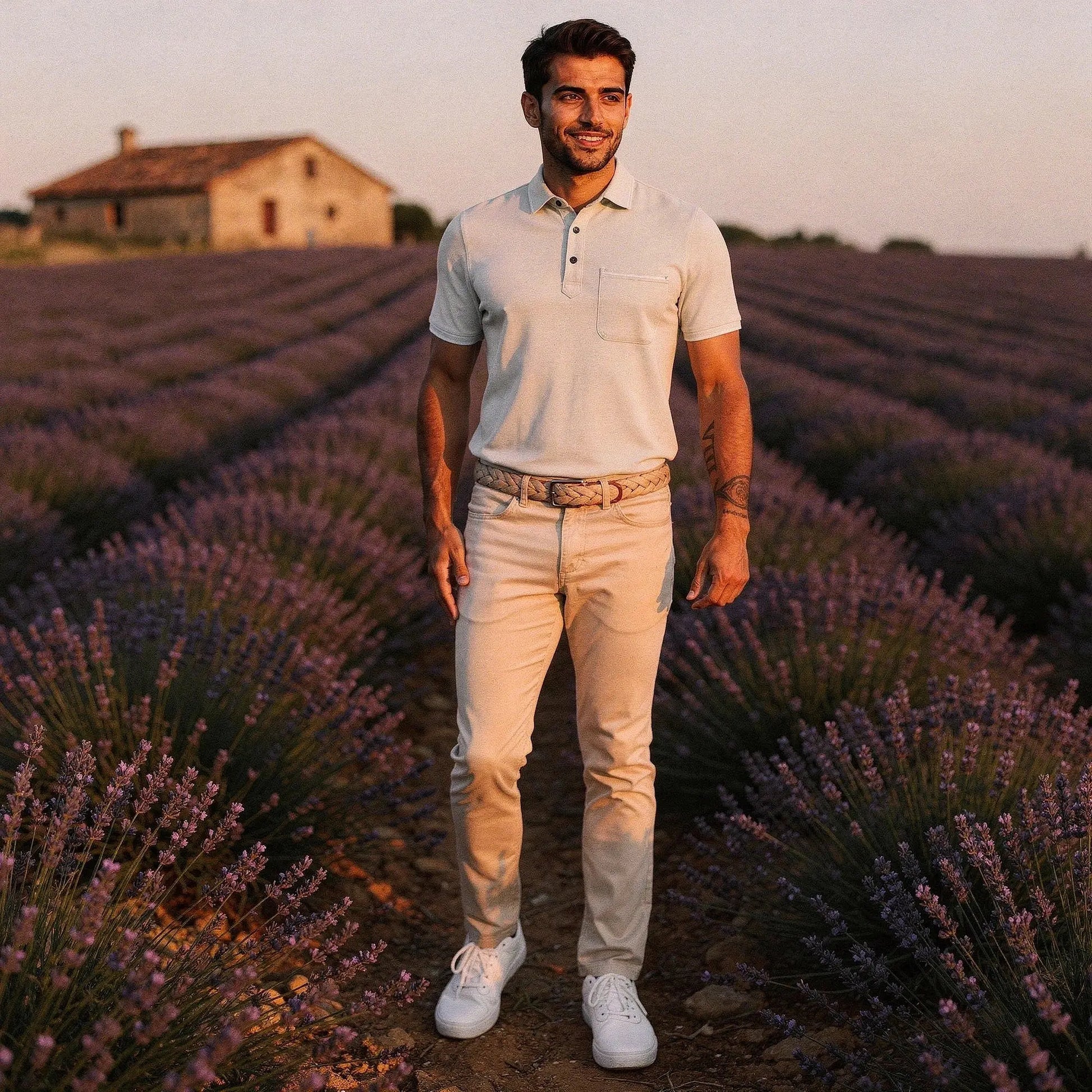 View of a navy blue slim fit short sleeve polo shirt featuring a V neck and soft cotton material