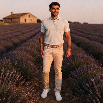 View of a navy blue slim fit short sleeve polo shirt featuring a V neck and soft cotton material