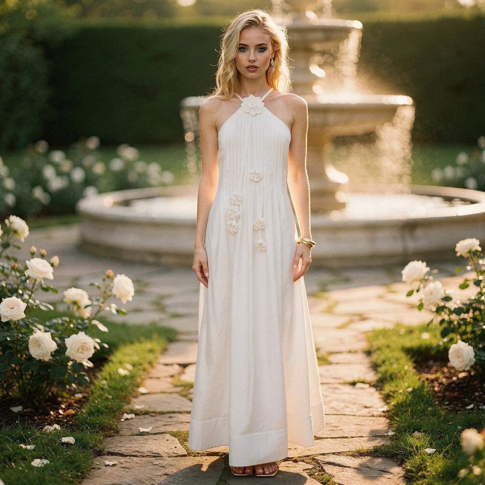 View of a relaxed fit halter maxi dress in soft fabric, featuring a flowing skirt and elegant silhouette, perfect for summer occasions