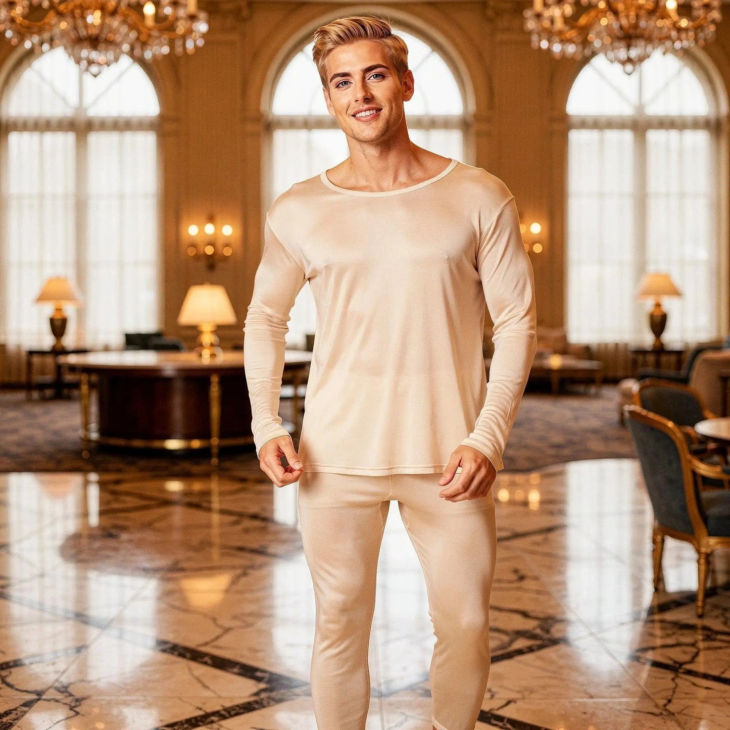 View of navy blue slim fit long sleeve crew neck long johns, featuring soft fabric and a comfortable design