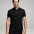 View of a slim fit short sleeve v neck casual golf polo in light blue, made of soft breathable fabric