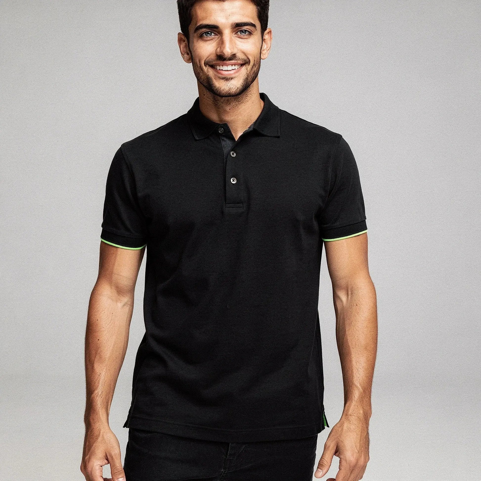 View of a slim fit short sleeve v neck casual golf polo in light blue, made of soft breathable fabric